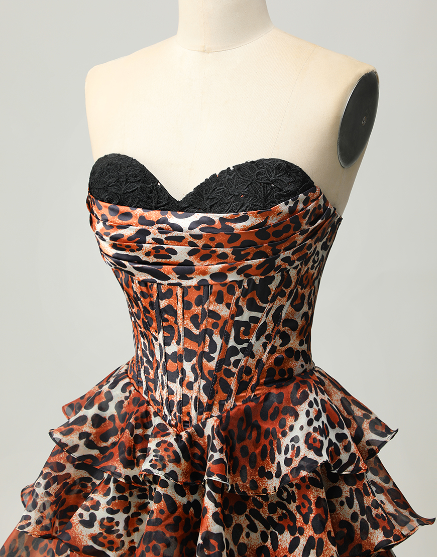 Khaki Leopard Print A Line Short Corset Homecoming Dress with Ruffles