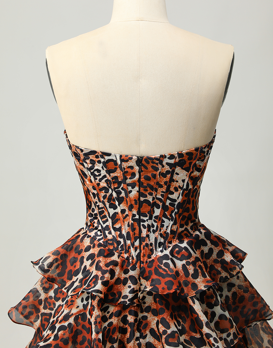 Khaki Leopard Print A Line Short Corset Homecoming Dress with Ruffles