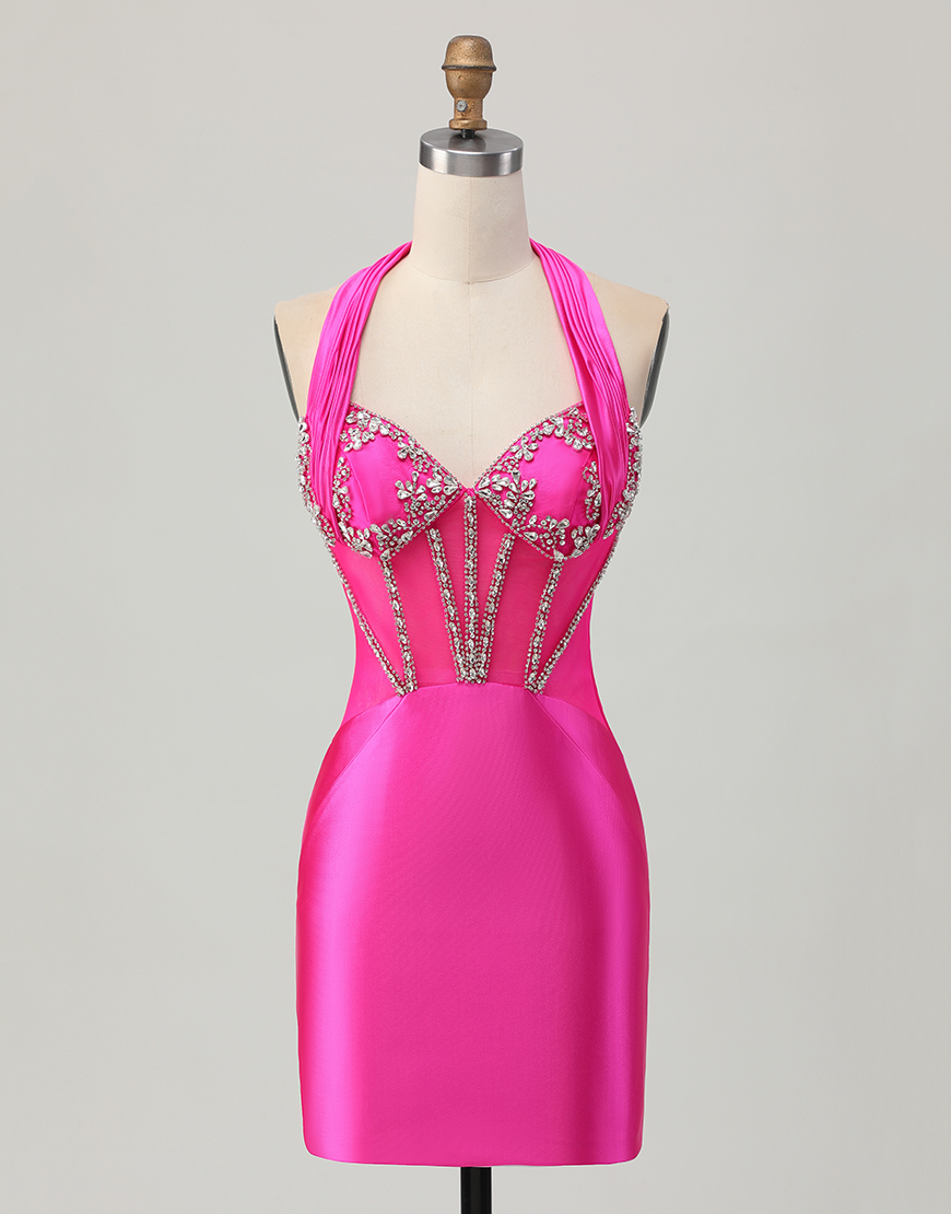 Sparkly Fuchsia Tight Halter Short Corset Homecoming Dress with Rhinestones