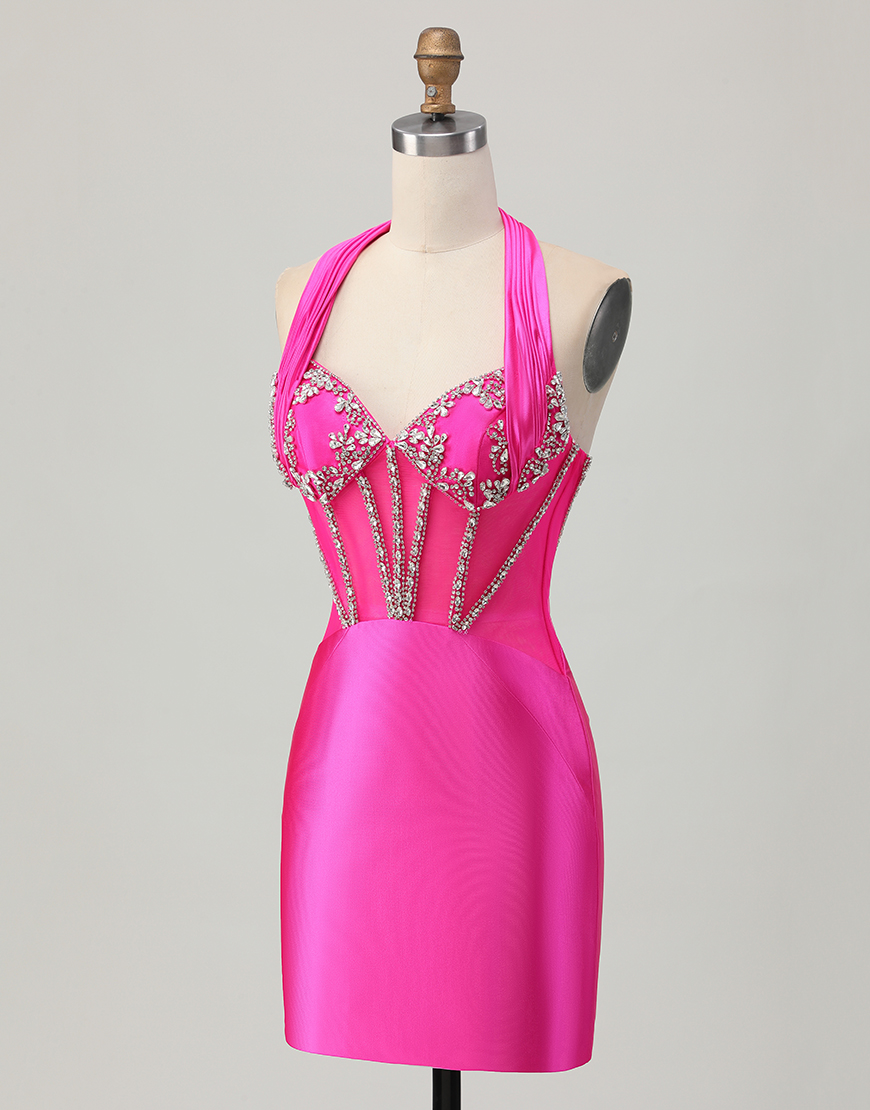 Sparkly Fuchsia Tight Halter Short Corset Homecoming Dress with Rhinestones