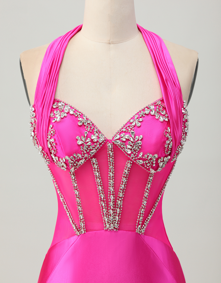 Sparkly Fuchsia Tight Halter Short Corset Homecoming Dress with Rhinestones