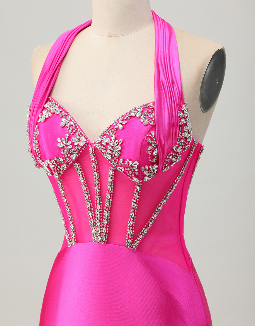 Sparkly Fuchsia Tight Halter Short Corset Homecoming Dress with Rhinestones