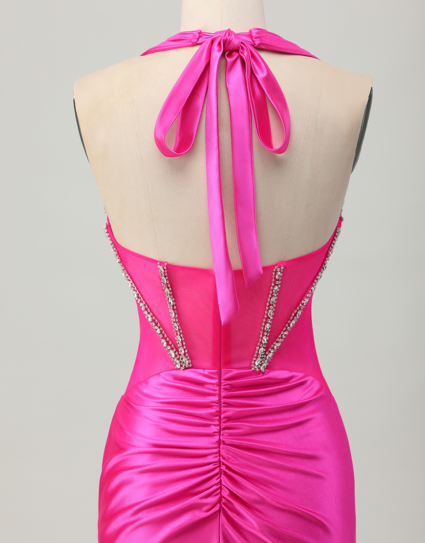 Sparkly Fuchsia Tight Halter Short Corset Homecoming Dress with Rhinestones