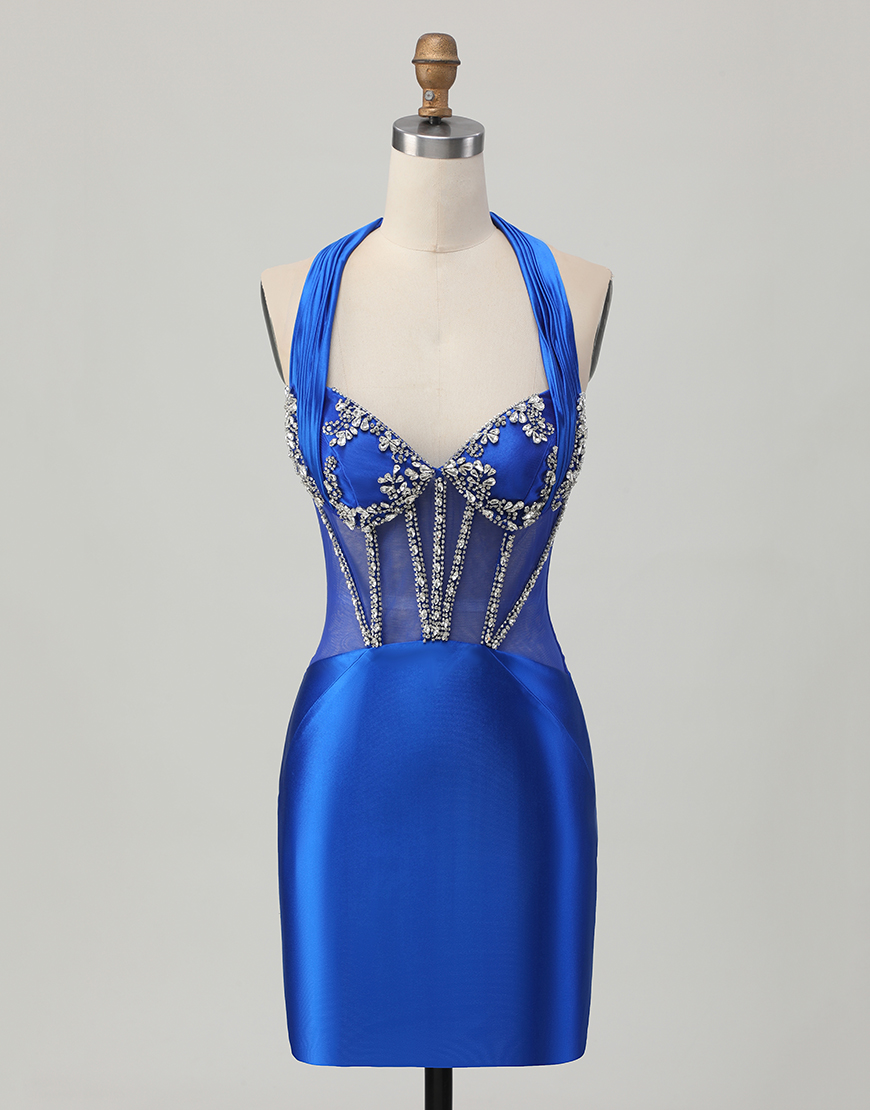 Sparkly Royal Blue Halter Satin Short Corset Homecoming Dress with Rhinestones