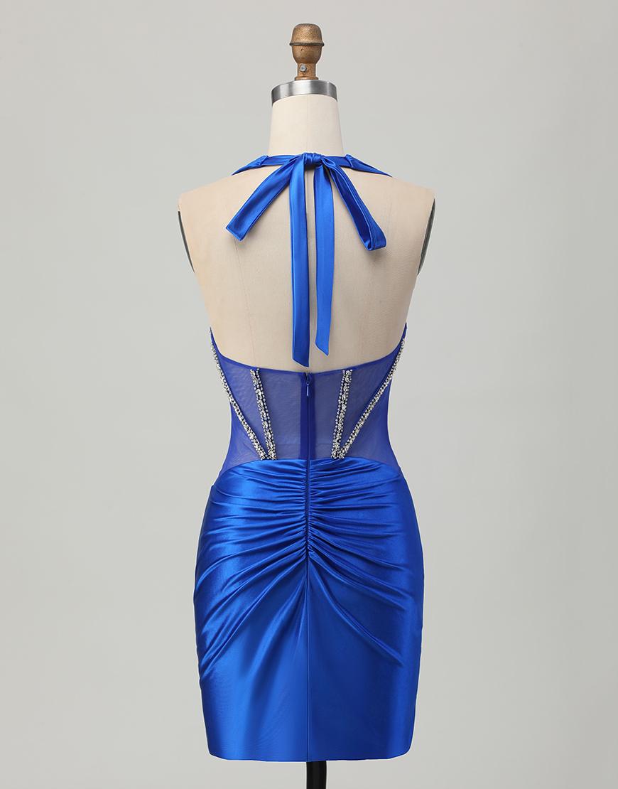 Sparkly Fuchsia Tight Halter Short Corset Homecoming Dress with Rhinestones