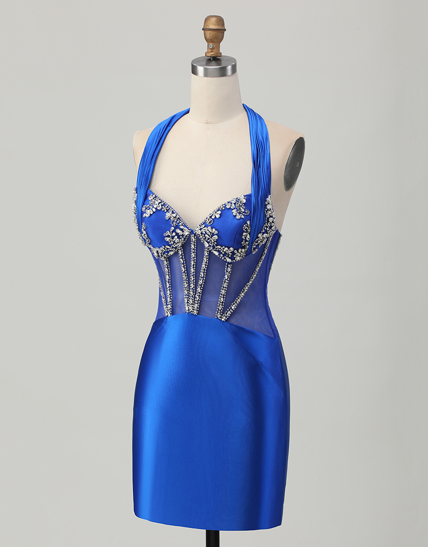 Sparkly Fuchsia Tight Halter Short Corset Homecoming Dress with Rhinestones