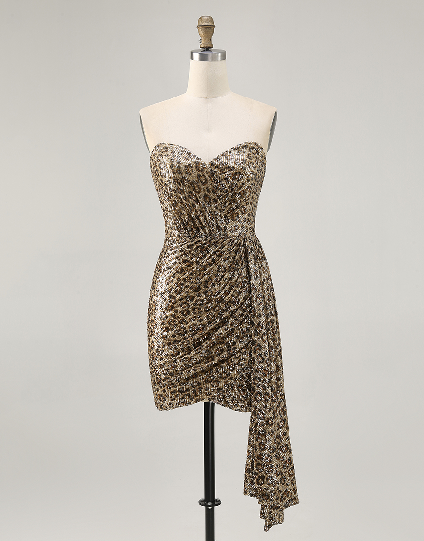 Sparkly Khaki Leopard Printed Tight Sequin Short Homecoming Dress