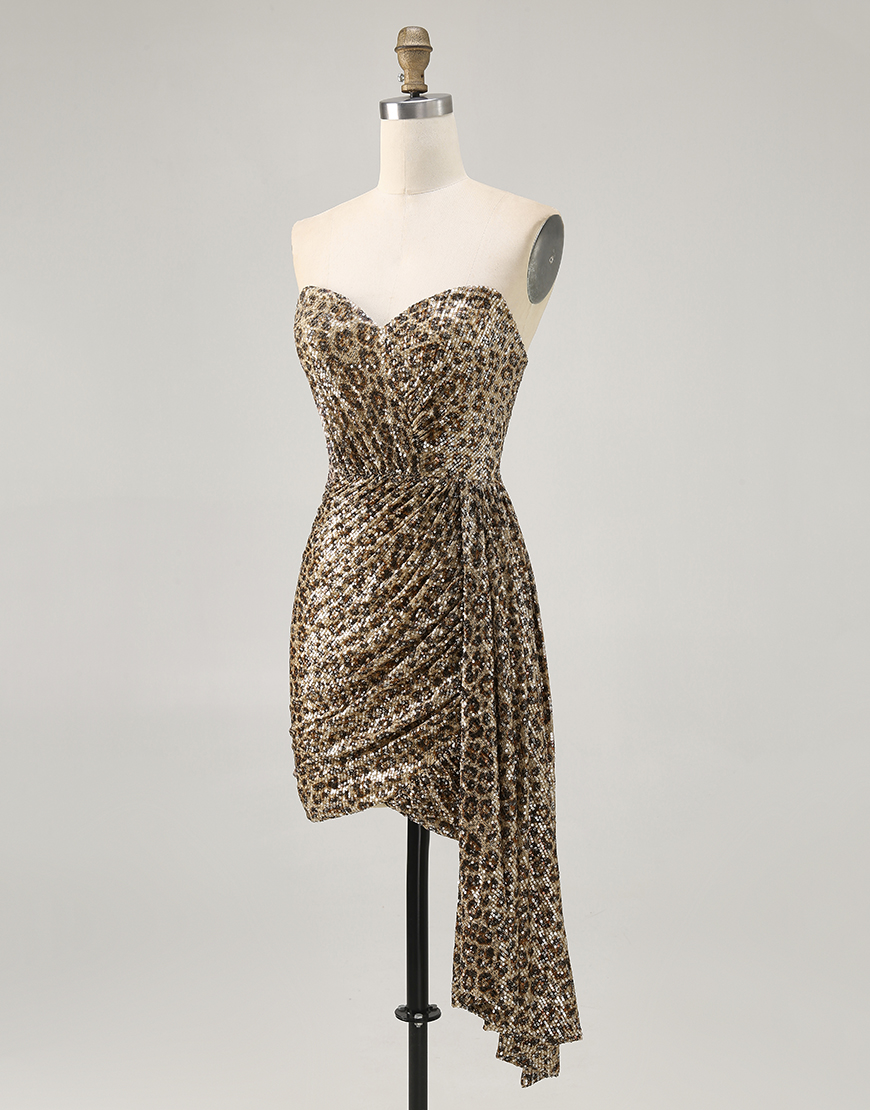 Sparkly Khaki Leopard Printed Tight Sequin Short Homecoming Dress