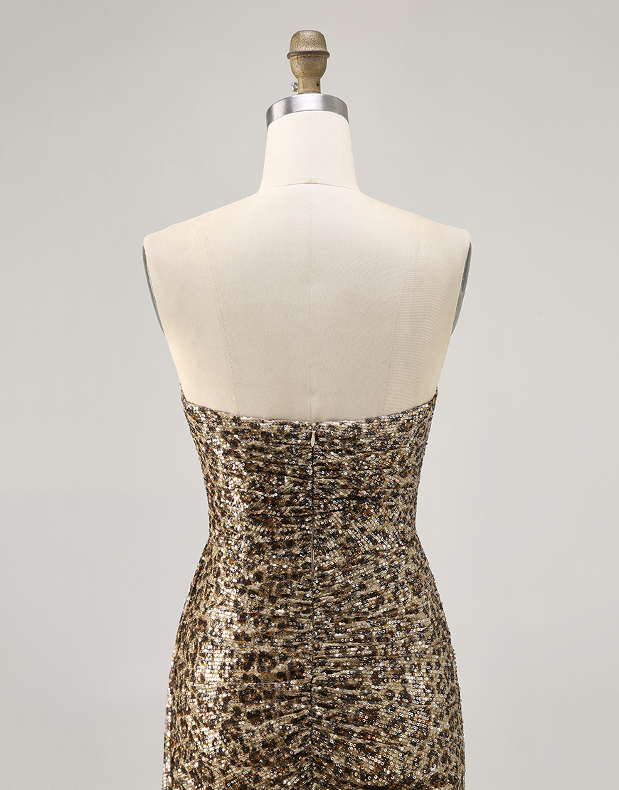 Sparkly Khaki Leopard Printed Tight Sequin Short Homecoming Dress