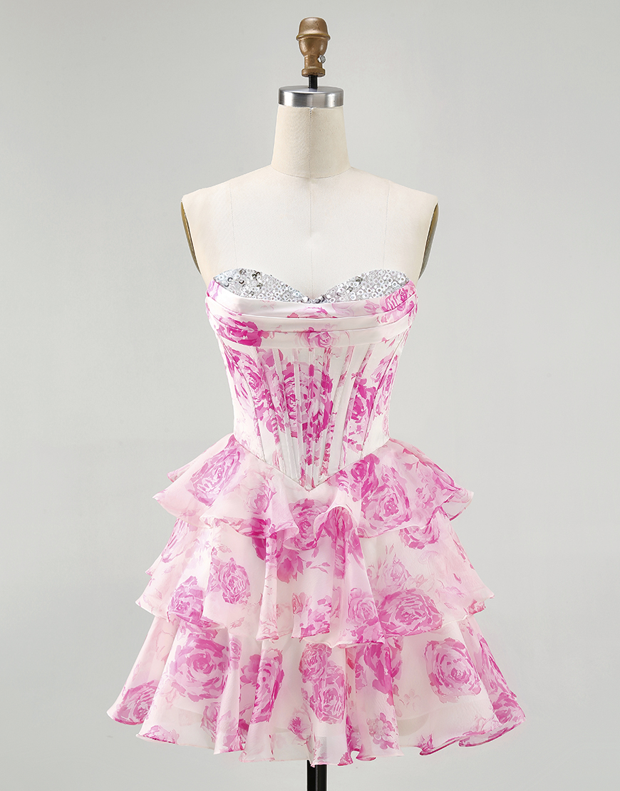 Sparkly White and Blue Floral Sweetheart Short Corset Homecoming Dress
