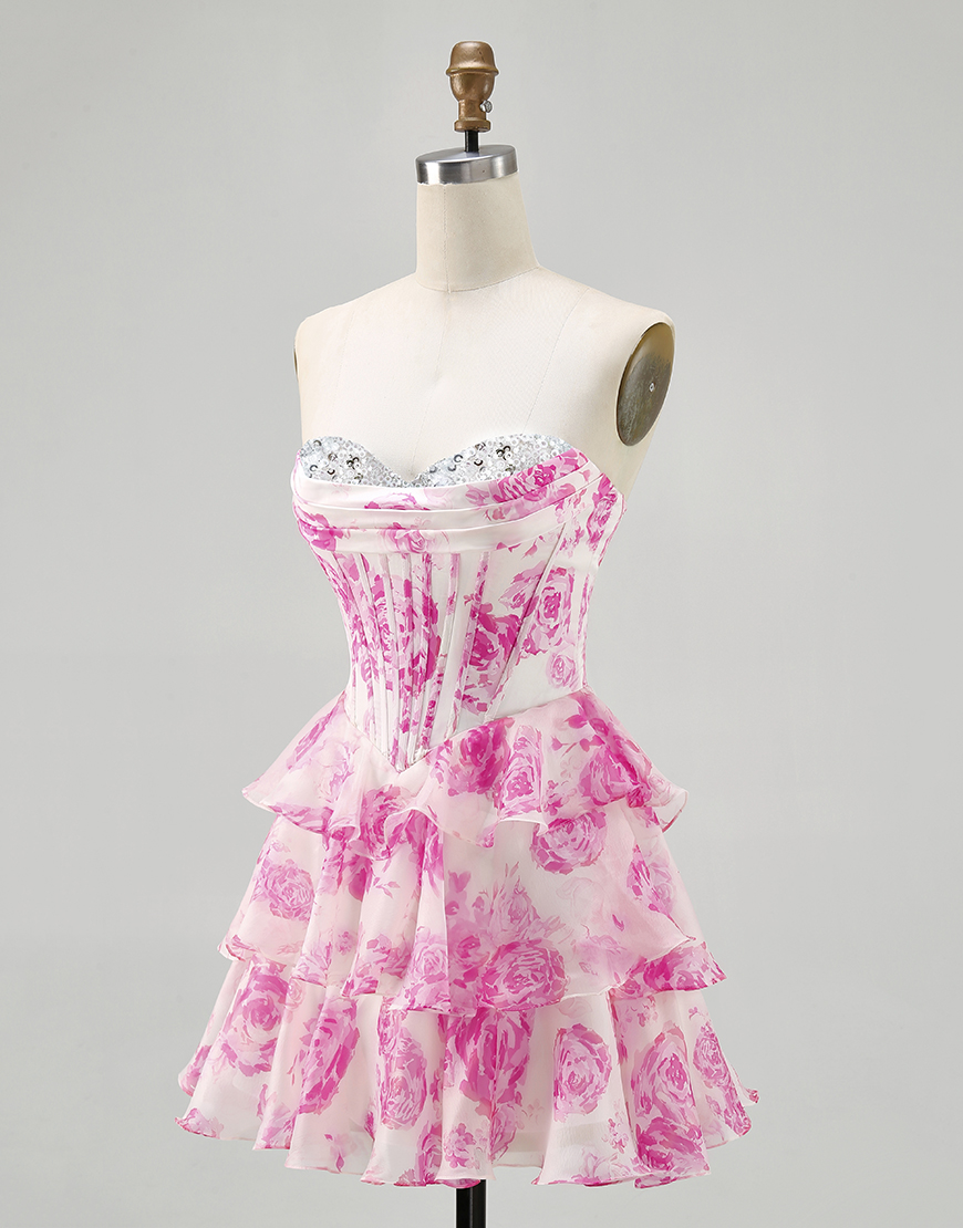 Sparkly White and Blue Floral Sweetheart Short Corset Homecoming Dress