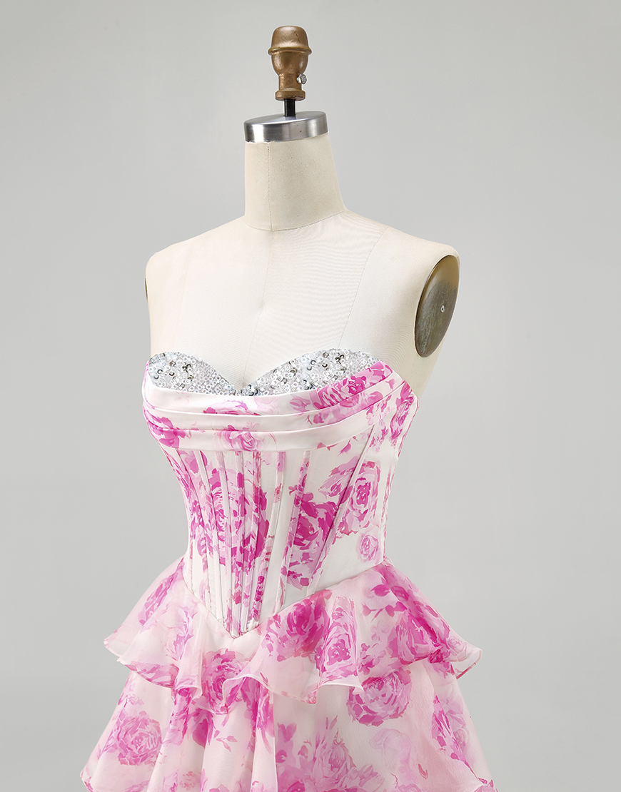 Sparkly White and Blue Floral Sweetheart Short Corset Homecoming Dress