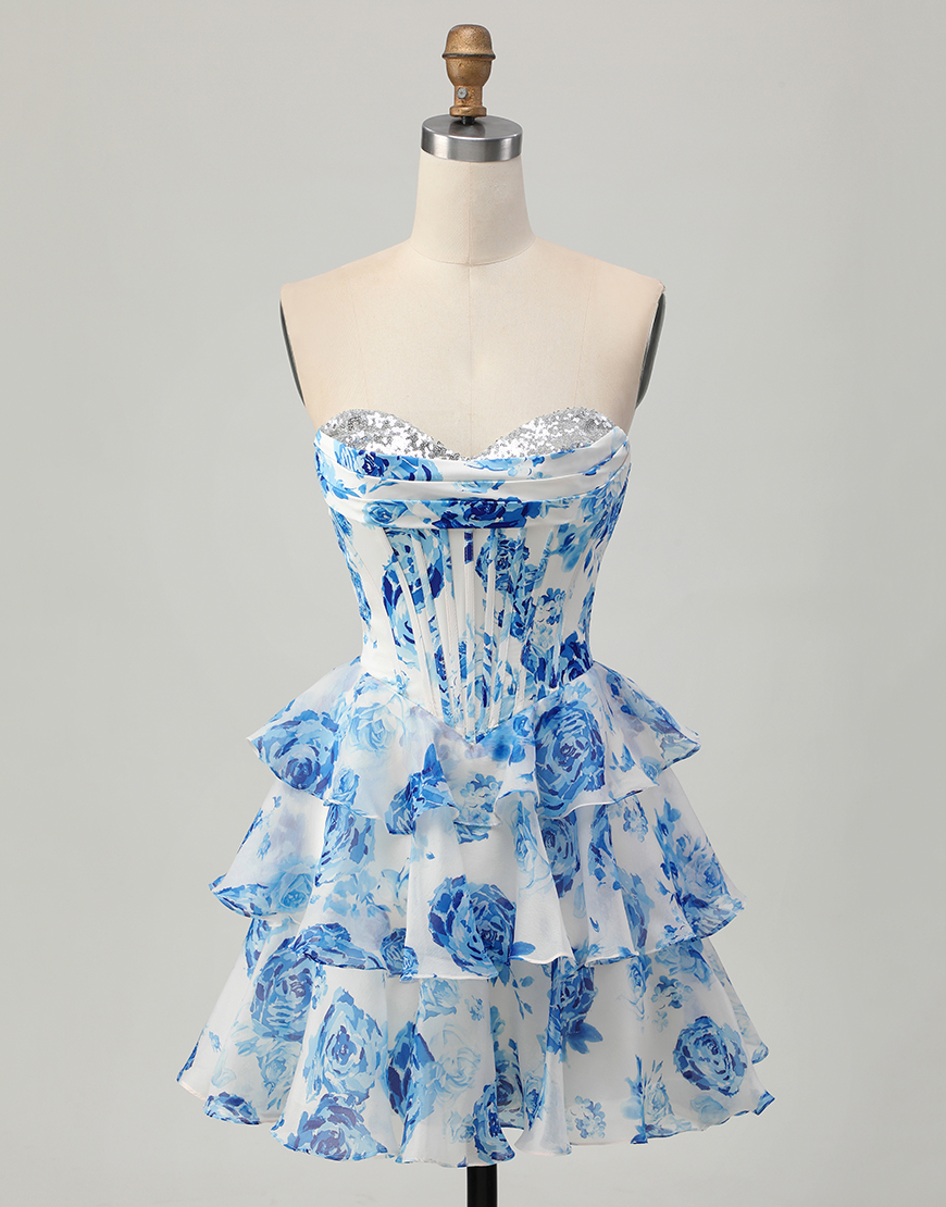 Sparkly White and Blue Floral Sweetheart Short Corset Homecoming Dress