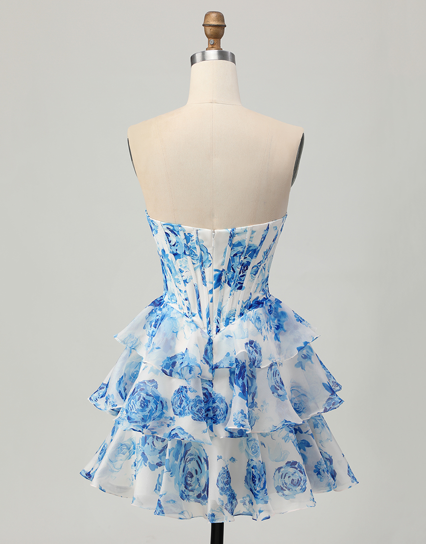 Sparkly White and Blue Floral Sweetheart Short Corset Homecoming Dress