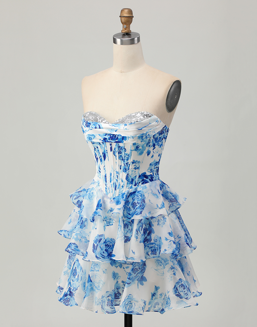 Sparkly White and Blue Floral Sweetheart Short Corset Homecoming Dress