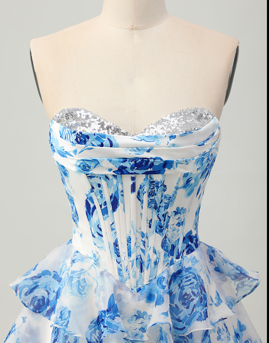 Sparkly White and Blue Floral Sweetheart Short Corset Homecoming Dress