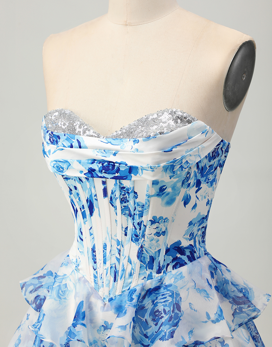 Sparkly White and Blue Floral Sweetheart Short Corset Homecoming Dress