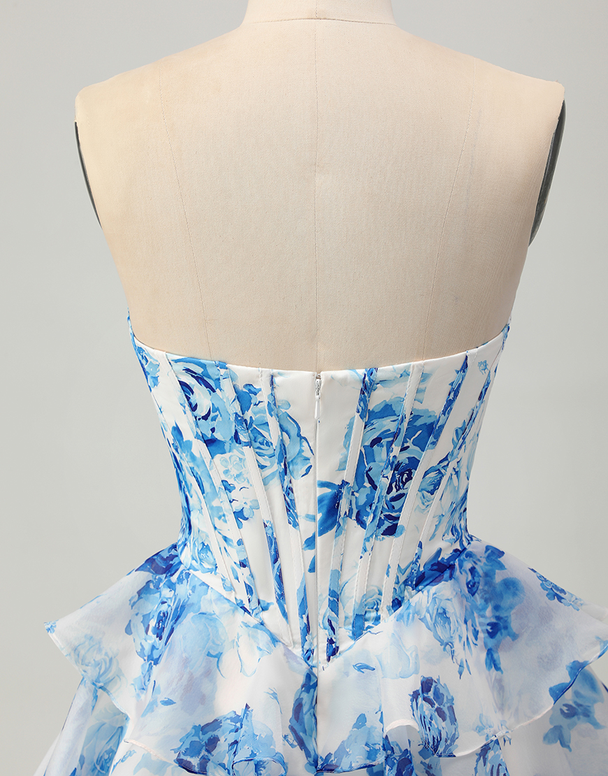 Sparkly White and Blue Floral Sweetheart Short Corset Homecoming Dress