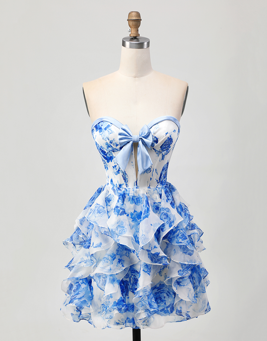 White and Blue Ruffled A Line Floral Short Corset Homecoming Dress with Bow