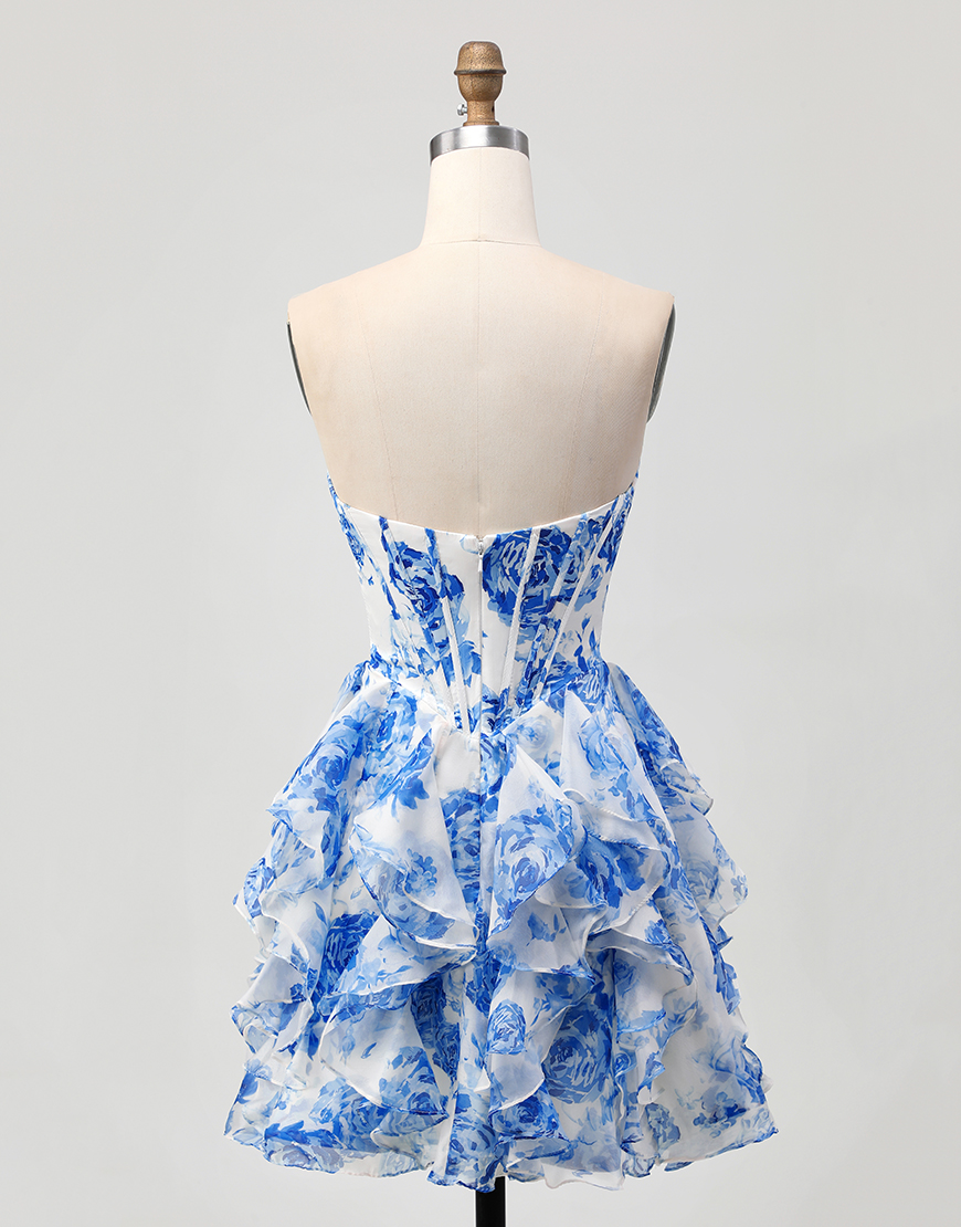 White and Blue Ruffled A Line Floral Short Corset Homecoming Dress with Bow
