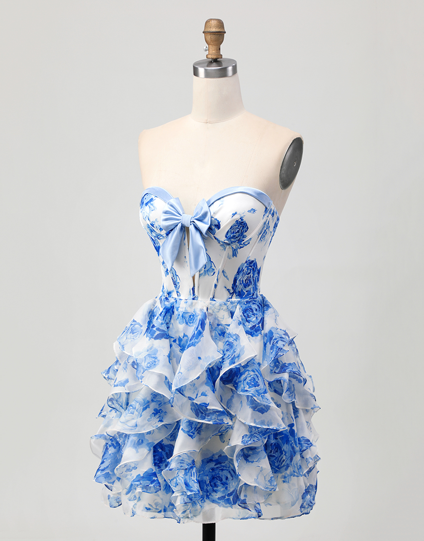 White and Blue Ruffled A Line Floral Short Corset Homecoming Dress with Bow