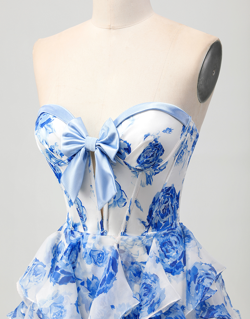 White and Blue Ruffled A Line Floral Short Corset Homecoming Dress with Bow