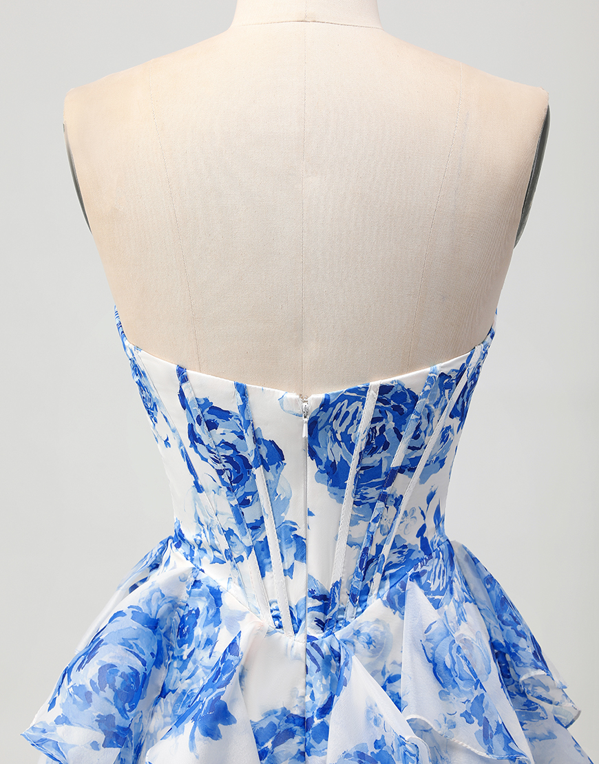 White and Blue Ruffled A Line Floral Short Corset Homecoming Dress with Bow
