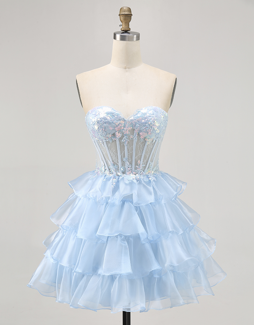 Sparkly Blue Ruffled Sweetheart Short Corset Homecoming Dress with Lace
