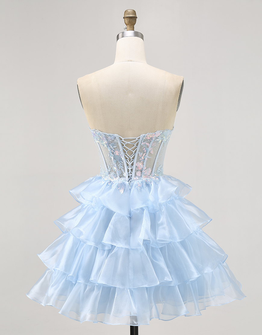 Sparkly Blue Ruffled Sweetheart Short Corset Homecoming Dress with Lace