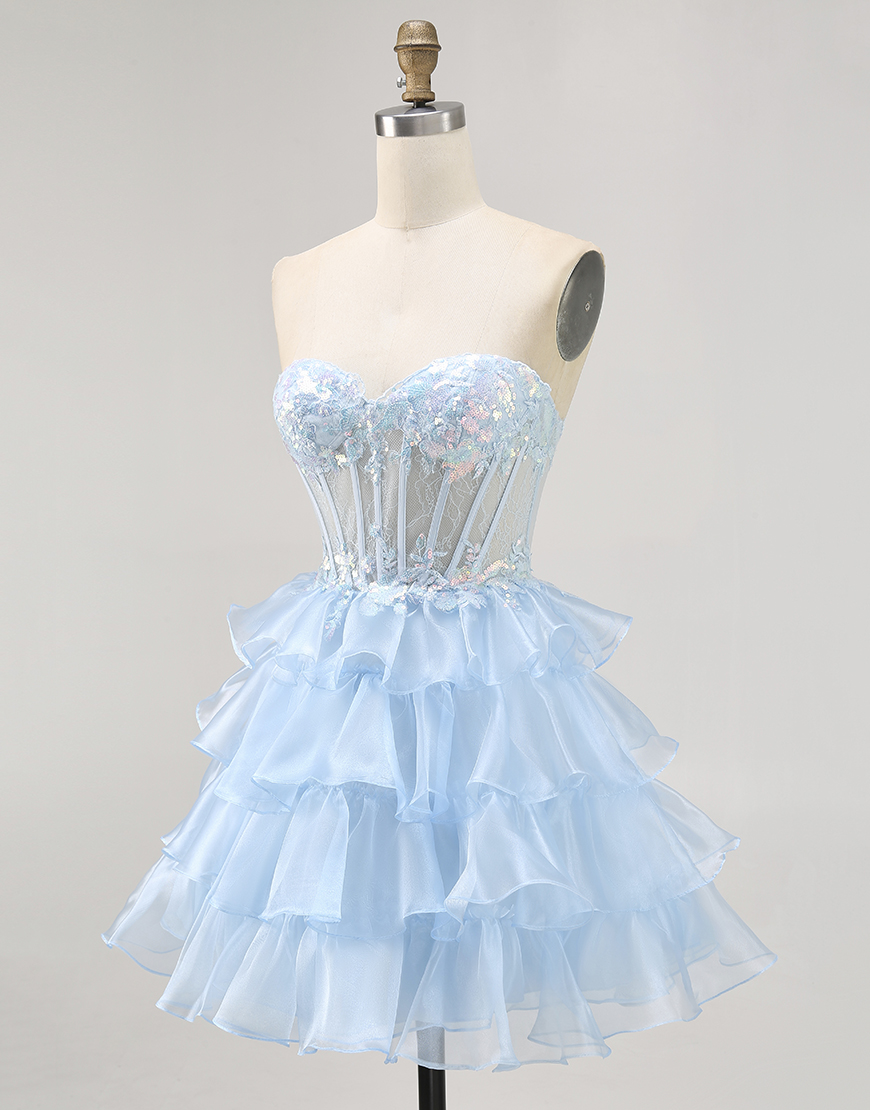 Sparkly Blue Ruffled Sweetheart Short Corset Homecoming Dress with Lace