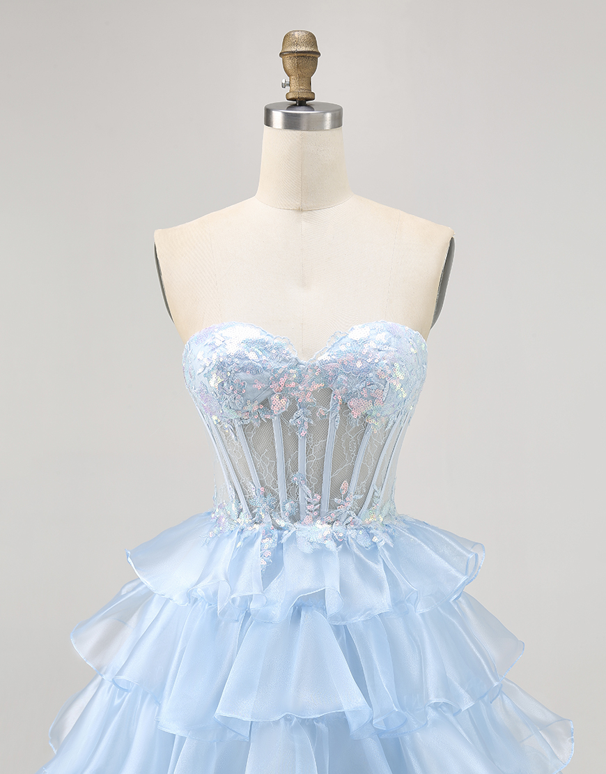 Sparkly Blue Ruffled Sweetheart Short Corset Homecoming Dress with Lace
