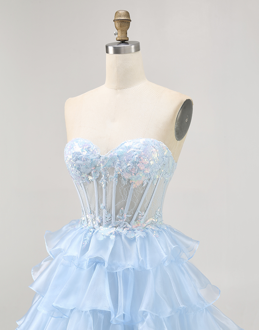 Sparkly Blue Ruffled Sweetheart Short Corset Homecoming Dress with Lace
