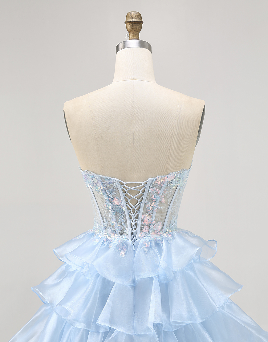 Sparkly Blue Ruffled Sweetheart Short Corset Homecoming Dress with Lace