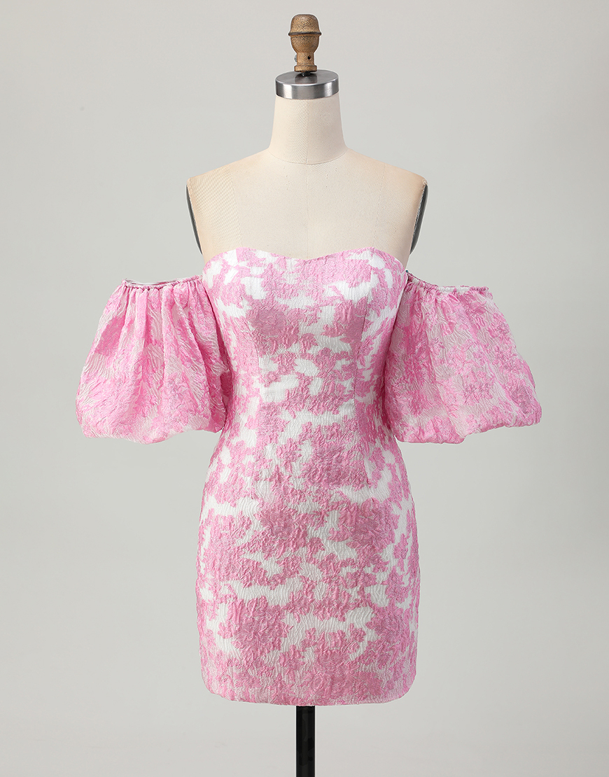 Pink Jacquard Floral Detachable Sleeves Tight Strapless Short Homecoming Dress