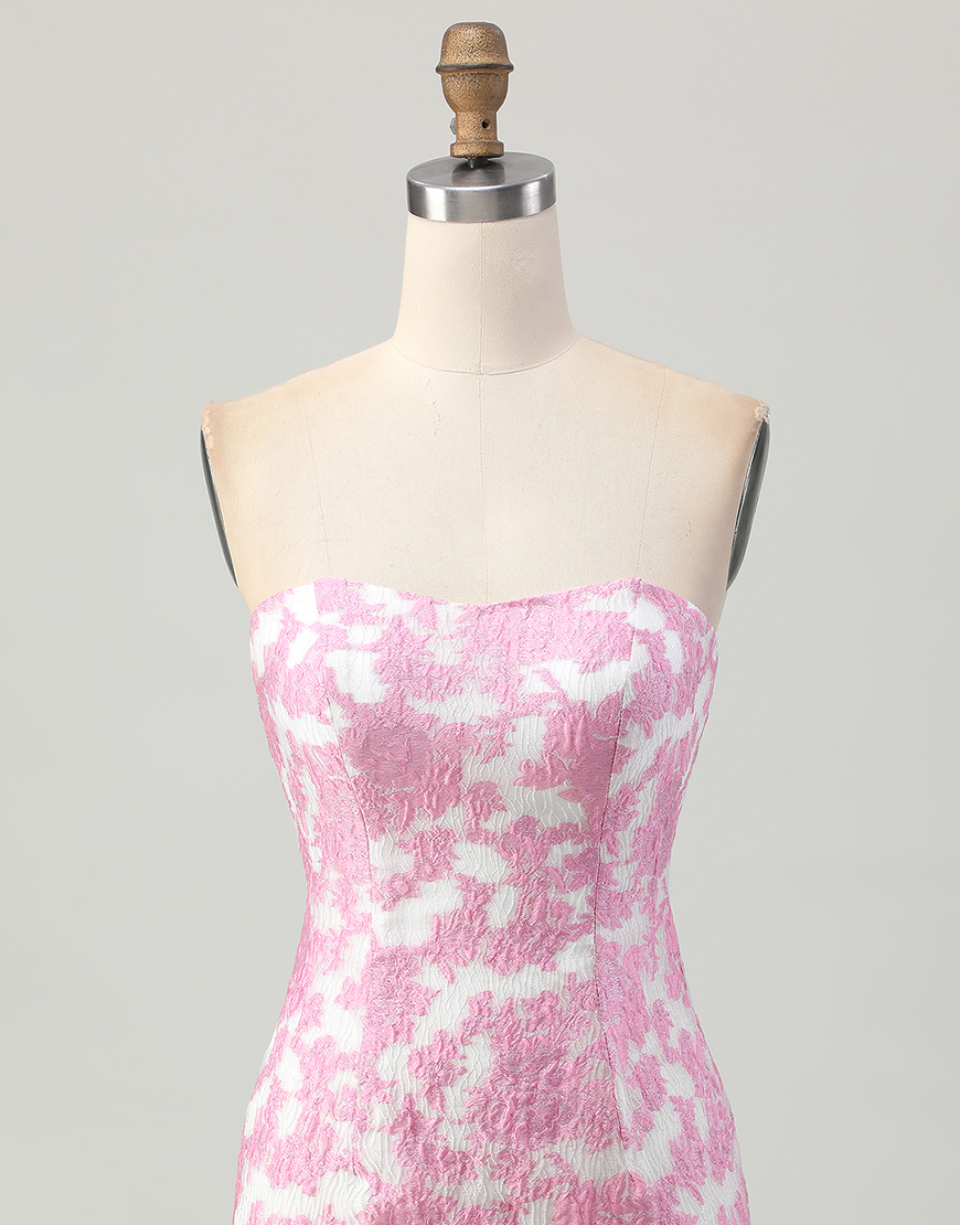 Pink Jacquard Floral Detachable Sleeves Tight Strapless Short Homecoming Dress