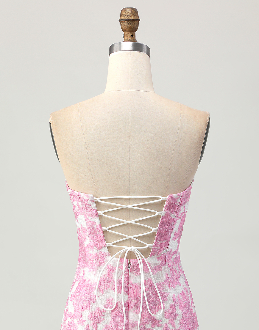 Pink Jacquard Floral Detachable Sleeves Tight Strapless Short Homecoming Dress