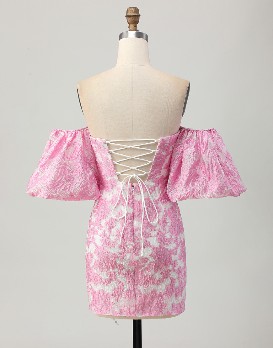 Pink Jacquard Floral Detachable Sleeves Tight Strapless Short Homecoming Dress