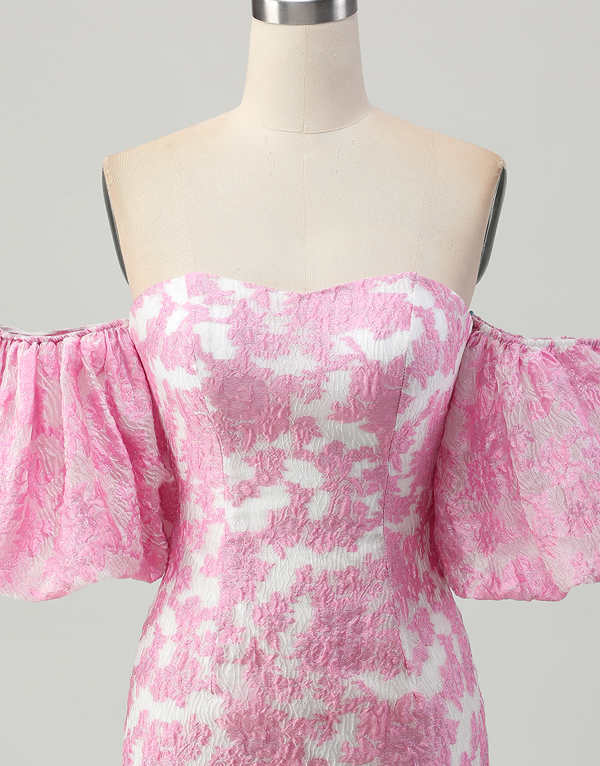 Pink Jacquard Floral Detachable Sleeves Tight Strapless Short Homecoming Dress