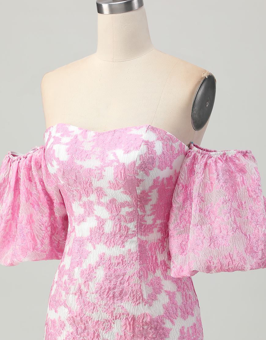 Pink Jacquard Floral Detachable Sleeves Tight Strapless Short Homecoming Dress