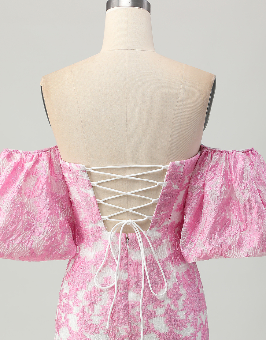 Pink Jacquard Floral Detachable Sleeves Tight Strapless Short Homecoming Dress