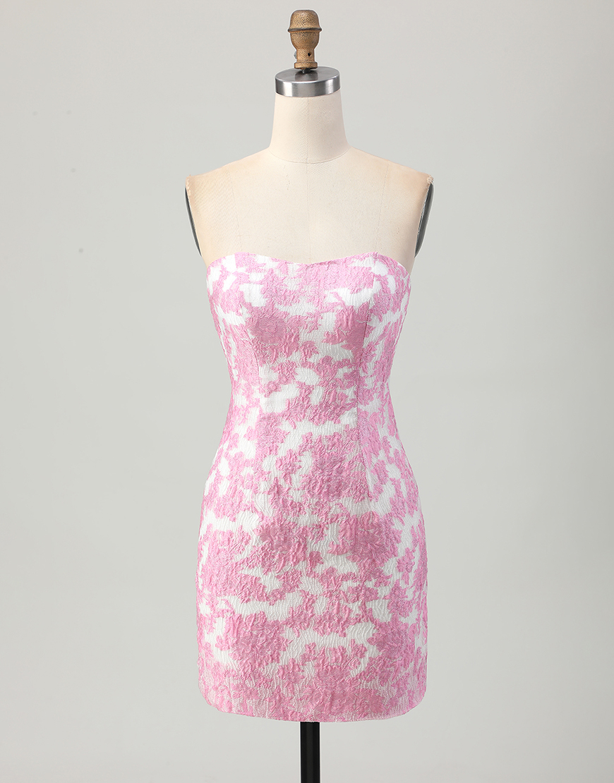 Pink Jacquard Floral Detachable Sleeves Tight Strapless Short Homecoming Dress
