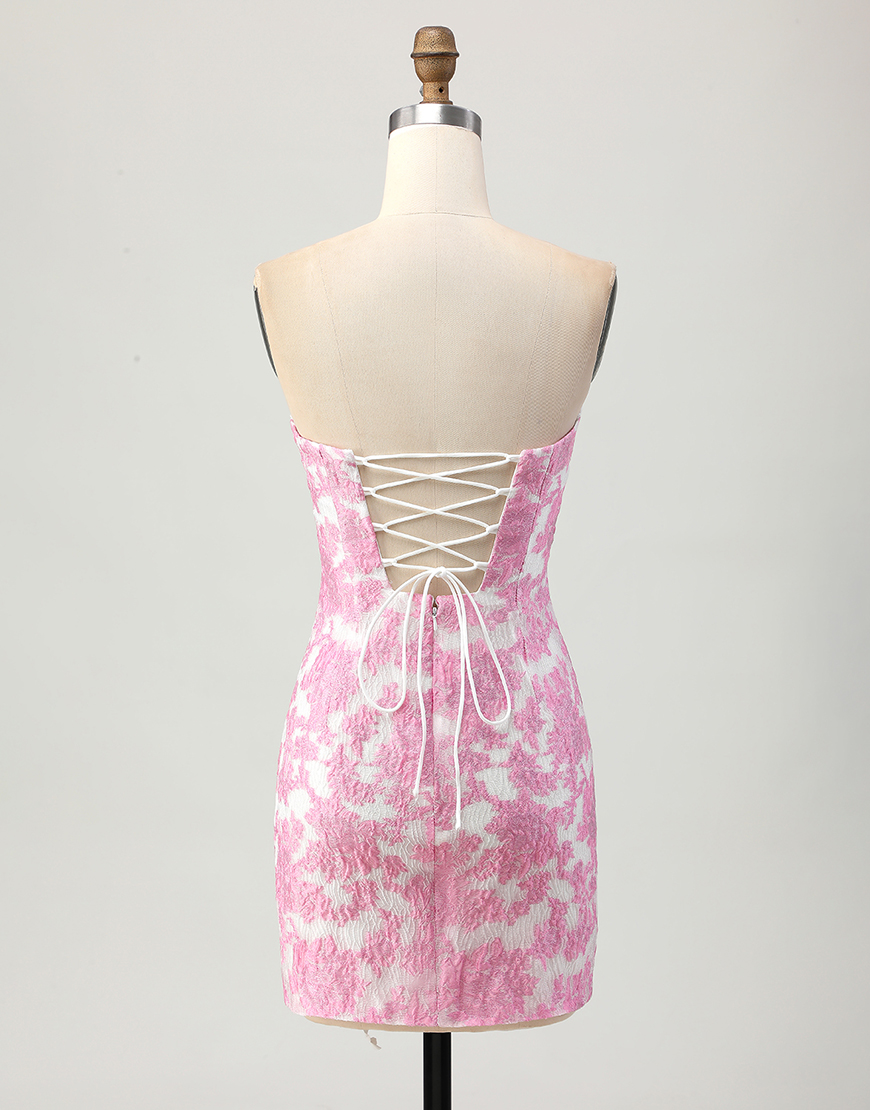 Pink Jacquard Floral Detachable Sleeves Tight Strapless Short Homecoming Dress