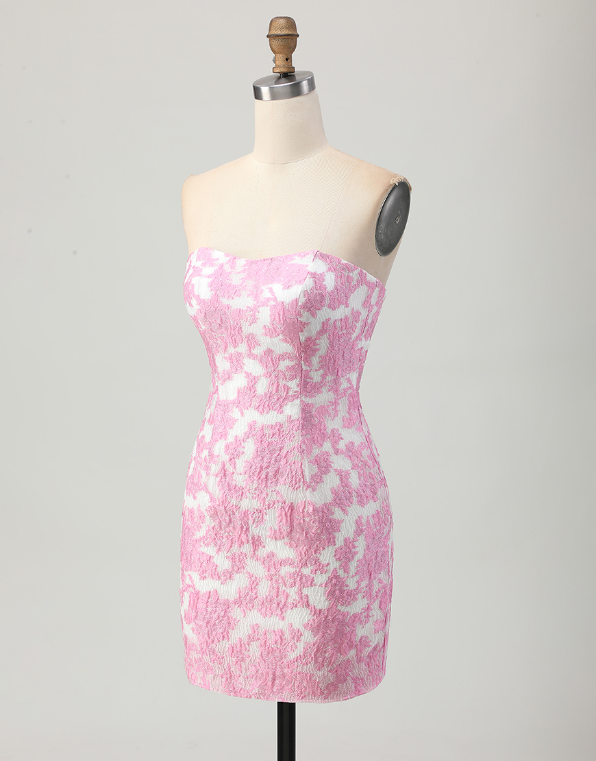 Pink Jacquard Floral Detachable Sleeves Tight Strapless Short Homecoming Dress