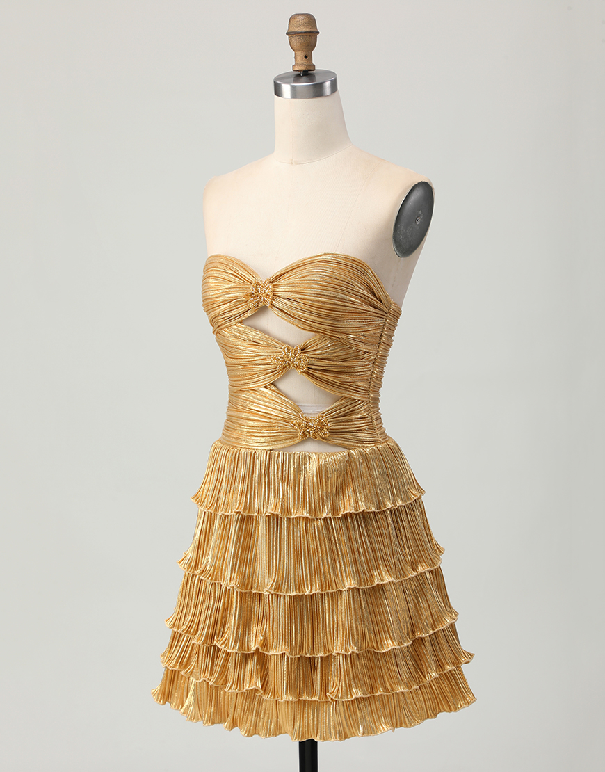 Sparkly Golden Floral Sweetheart Metallic Short Homecoming Dress with Keyholes