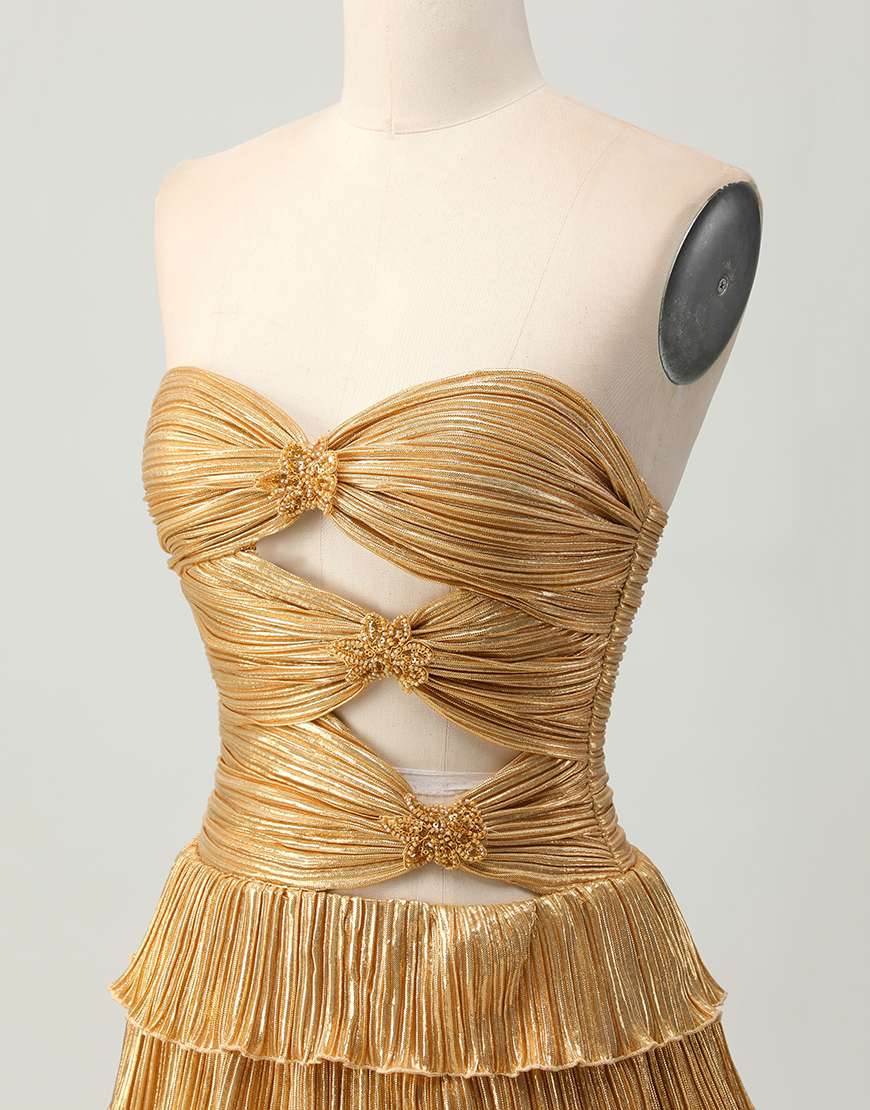 Sparkly Golden Floral Sweetheart Metallic Short Homecoming Dress with Keyholes