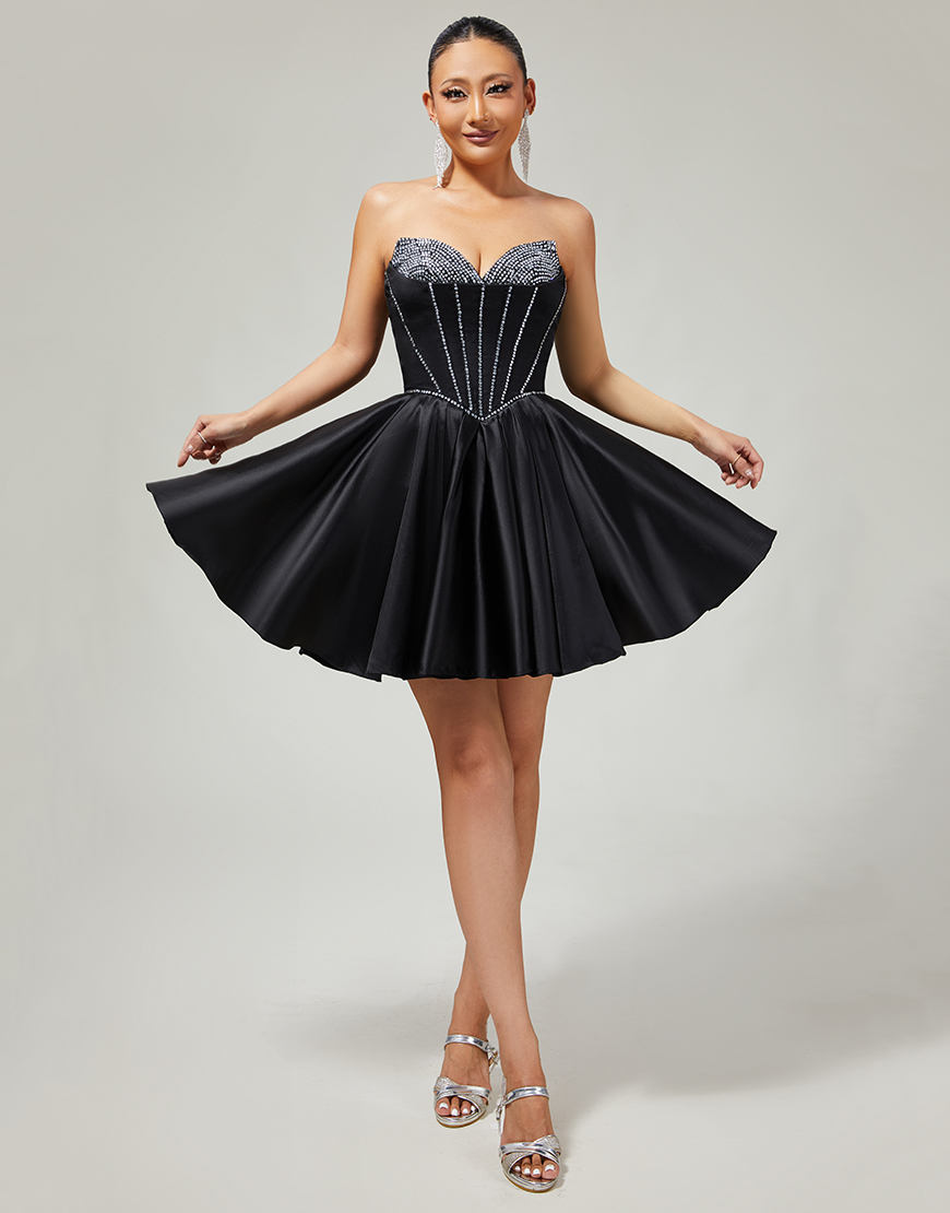 Sparkly Black Satin Beaded Short Corset Homecoming Dress with Bow