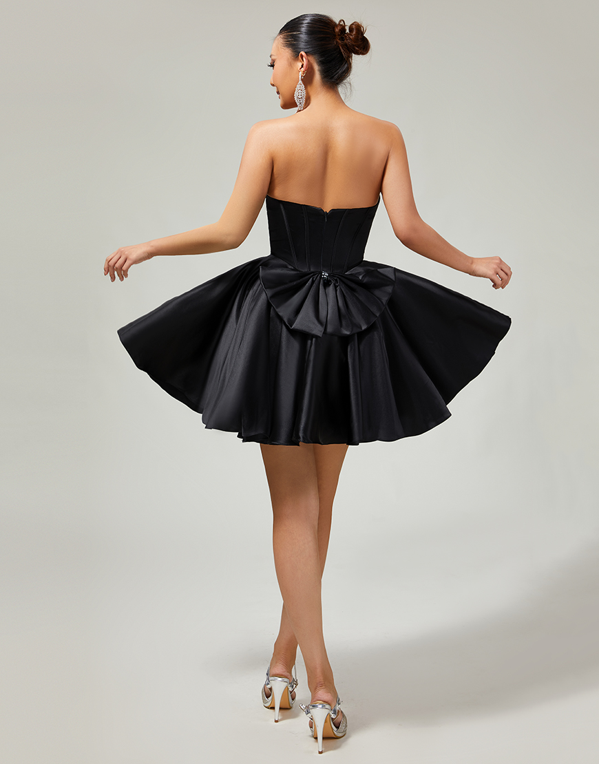 Sparkly Black Satin Beaded Short Corset Homecoming Dress with Bow