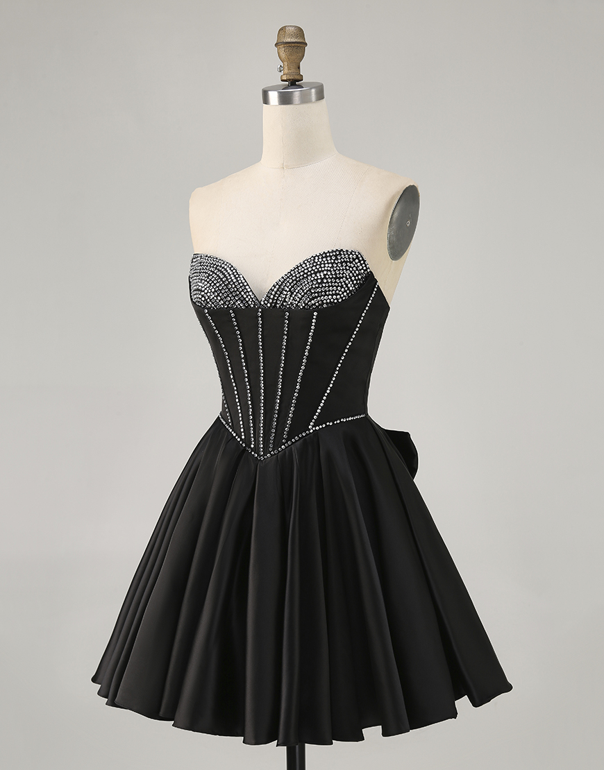 Sparkly Black Satin Beaded Short Corset Homecoming Dress with Bow