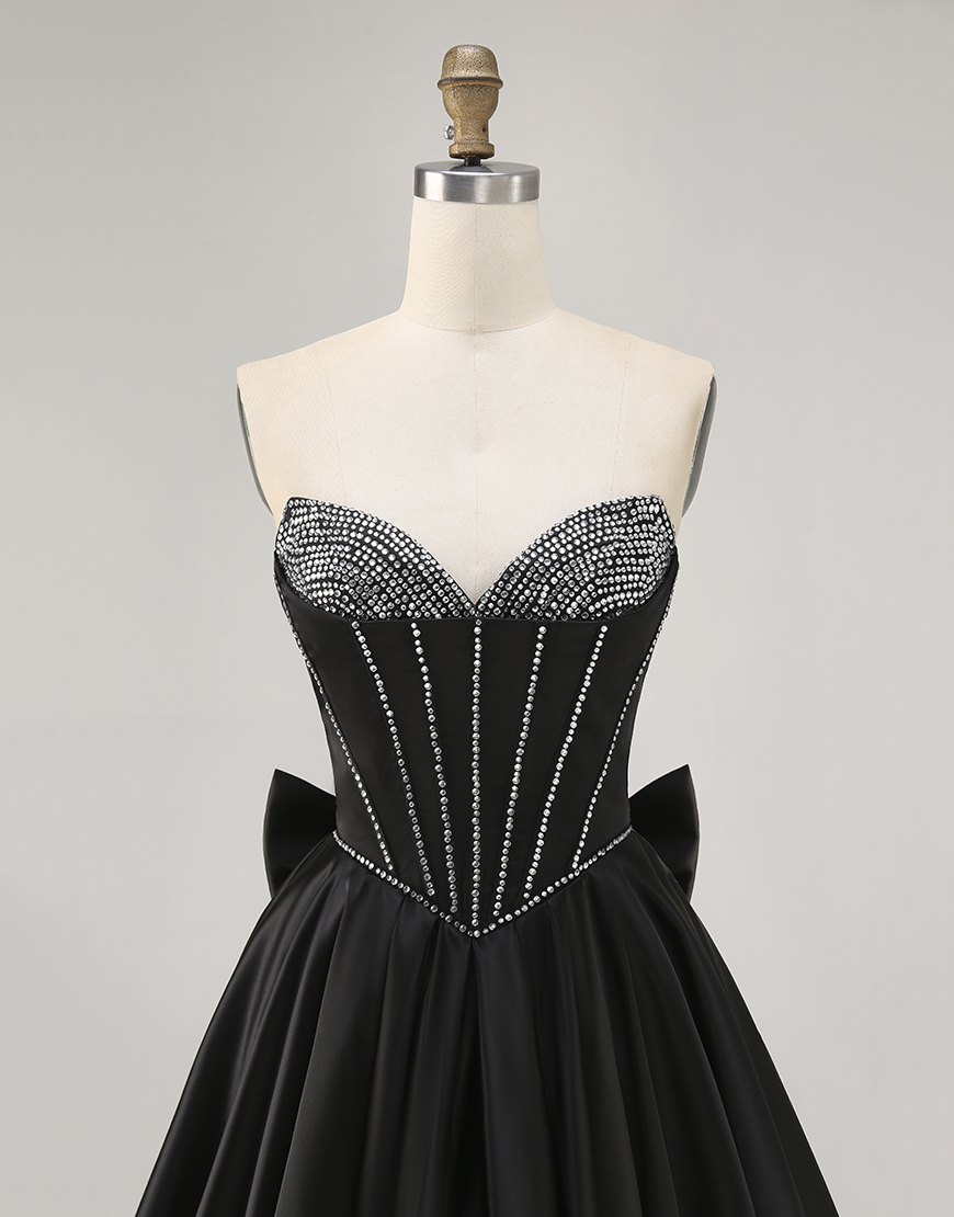 Sparkly Black Satin Beaded Short Corset Homecoming Dress with Bow