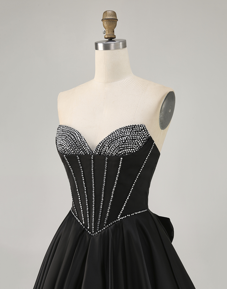 Sparkly Black Satin Beaded Short Corset Homecoming Dress with Bow